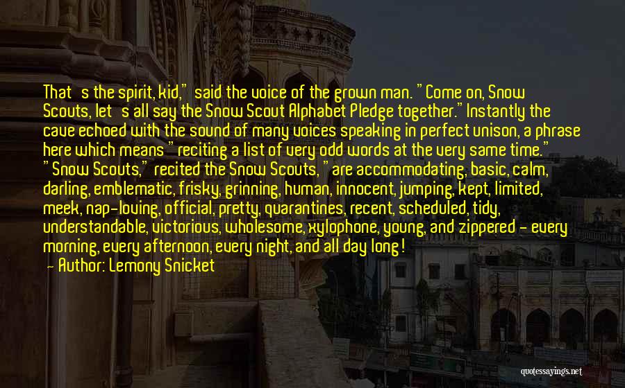 Lemony Snicket Quotes: That's The Spirit, Kid, Said The Voice Of The Grown Man. Come On, Snow Scouts, Let's All Say The Snow