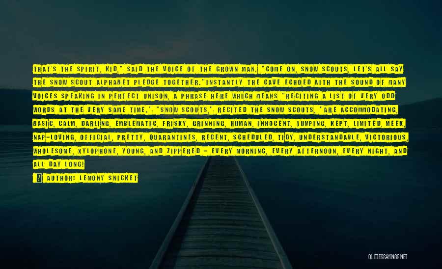 Lemony Snicket Quotes: That's The Spirit, Kid, Said The Voice Of The Grown Man. Come On, Snow Scouts, Let's All Say The Snow