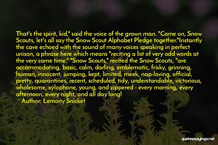 Lemony Snicket Quotes: That's The Spirit, Kid, Said The Voice Of The Grown Man. Come On, Snow Scouts, Let's All Say The Snow