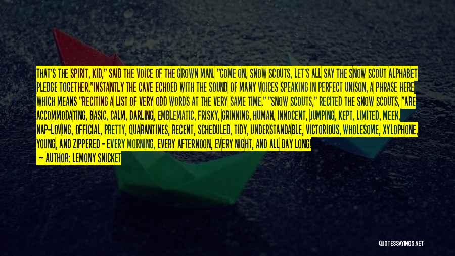 Lemony Snicket Quotes: That's The Spirit, Kid, Said The Voice Of The Grown Man. Come On, Snow Scouts, Let's All Say The Snow