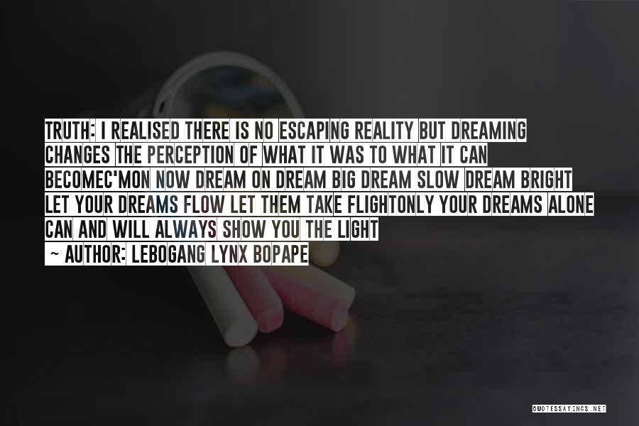 Lebogang Lynx Bopape Quotes: Truth: I Realised There Is No Escaping Reality But Dreaming Changes The Perception Of What It Was To What It