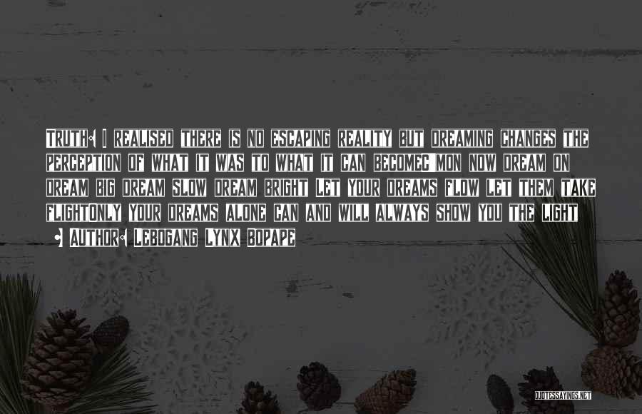 Lebogang Lynx Bopape Quotes: Truth: I Realised There Is No Escaping Reality But Dreaming Changes The Perception Of What It Was To What It