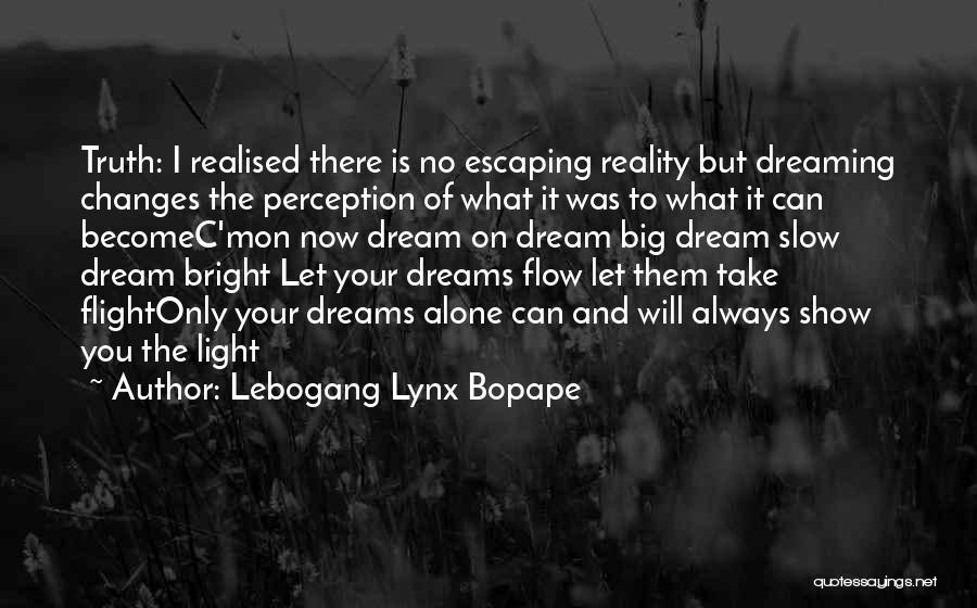 Lebogang Lynx Bopape Quotes: Truth: I Realised There Is No Escaping Reality But Dreaming Changes The Perception Of What It Was To What It