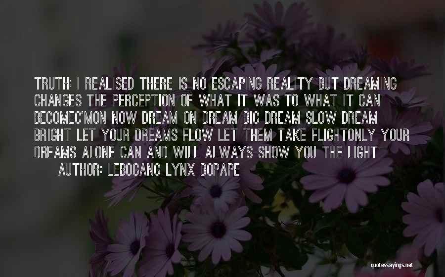 Lebogang Lynx Bopape Quotes: Truth: I Realised There Is No Escaping Reality But Dreaming Changes The Perception Of What It Was To What It