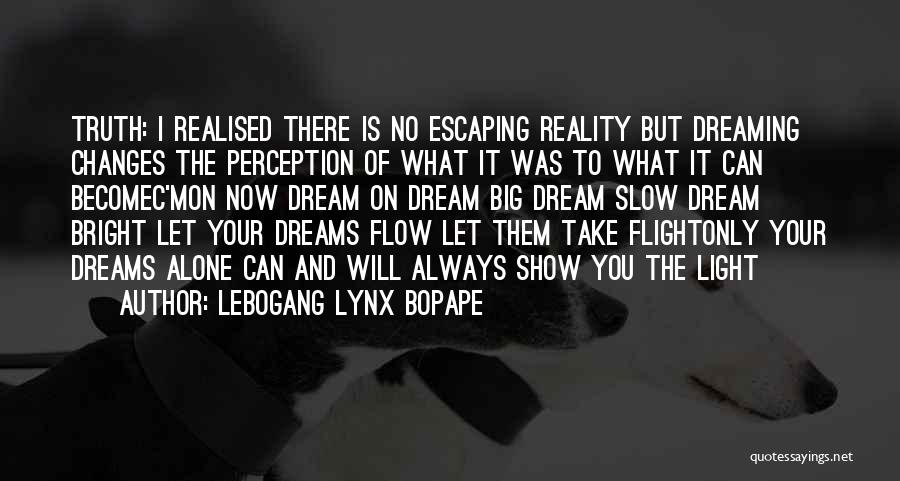 Lebogang Lynx Bopape Quotes: Truth: I Realised There Is No Escaping Reality But Dreaming Changes The Perception Of What It Was To What It