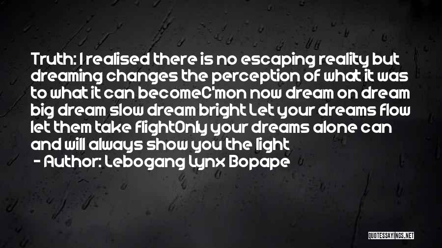 Lebogang Lynx Bopape Quotes: Truth: I Realised There Is No Escaping Reality But Dreaming Changes The Perception Of What It Was To What It