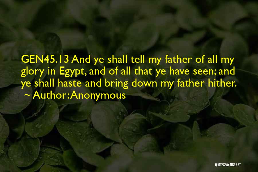 Anonymous Quotes: Gen45.13 And Ye Shall Tell My Father Of All My Glory In Egypt, And Of All That Ye Have Seen;
