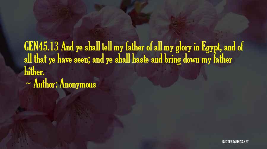 Anonymous Quotes: Gen45.13 And Ye Shall Tell My Father Of All My Glory In Egypt, And Of All That Ye Have Seen;