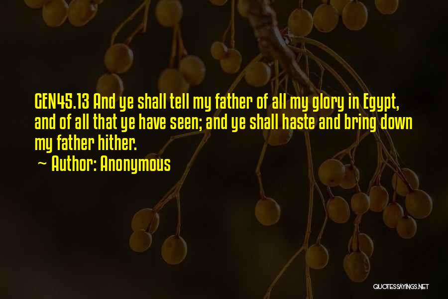 Anonymous Quotes: Gen45.13 And Ye Shall Tell My Father Of All My Glory In Egypt, And Of All That Ye Have Seen;