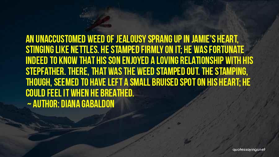 Diana Gabaldon Quotes: An Unaccustomed Weed Of Jealousy Sprang Up In Jamie's Heart, Stinging Like Nettles. He Stamped Firmly On It; He Was