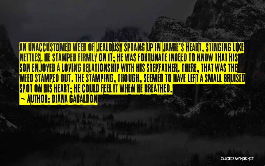 Diana Gabaldon Quotes: An Unaccustomed Weed Of Jealousy Sprang Up In Jamie's Heart, Stinging Like Nettles. He Stamped Firmly On It; He Was