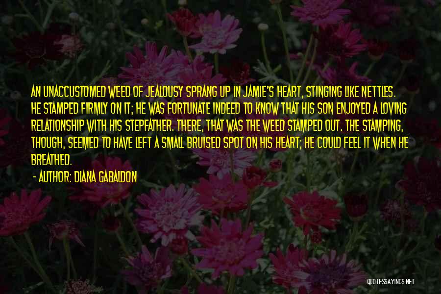 Diana Gabaldon Quotes: An Unaccustomed Weed Of Jealousy Sprang Up In Jamie's Heart, Stinging Like Nettles. He Stamped Firmly On It; He Was