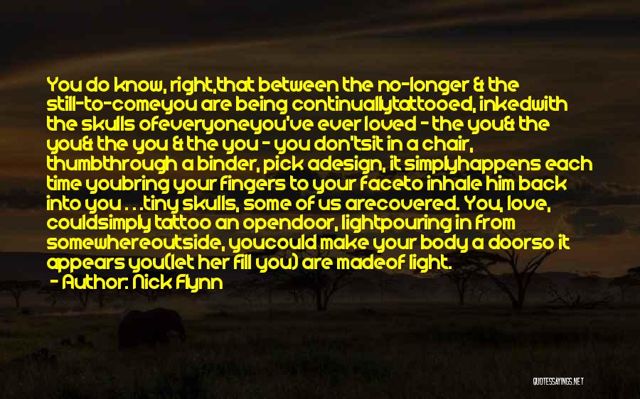 Nick Flynn Quotes: You Do Know, Right,that Between The No-longer & The Still-to-comeyou Are Being Continuallytattooed, Inkedwith The Skulls Ofeveryoneyou've Ever Loved -