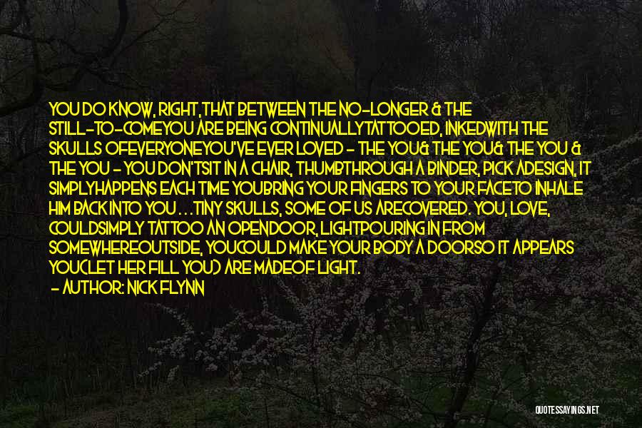 Nick Flynn Quotes: You Do Know, Right,that Between The No-longer & The Still-to-comeyou Are Being Continuallytattooed, Inkedwith The Skulls Ofeveryoneyou've Ever Loved -