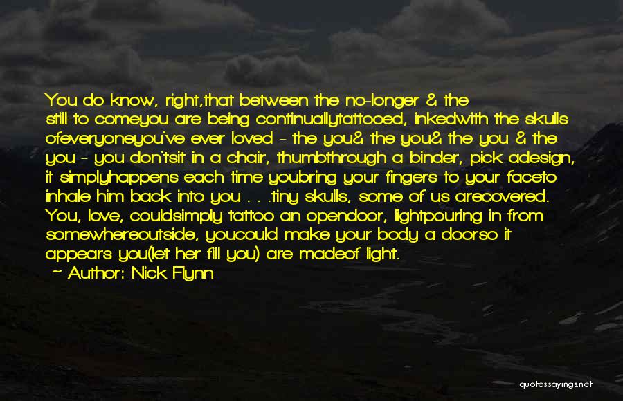 Nick Flynn Quotes: You Do Know, Right,that Between The No-longer & The Still-to-comeyou Are Being Continuallytattooed, Inkedwith The Skulls Ofeveryoneyou've Ever Loved -