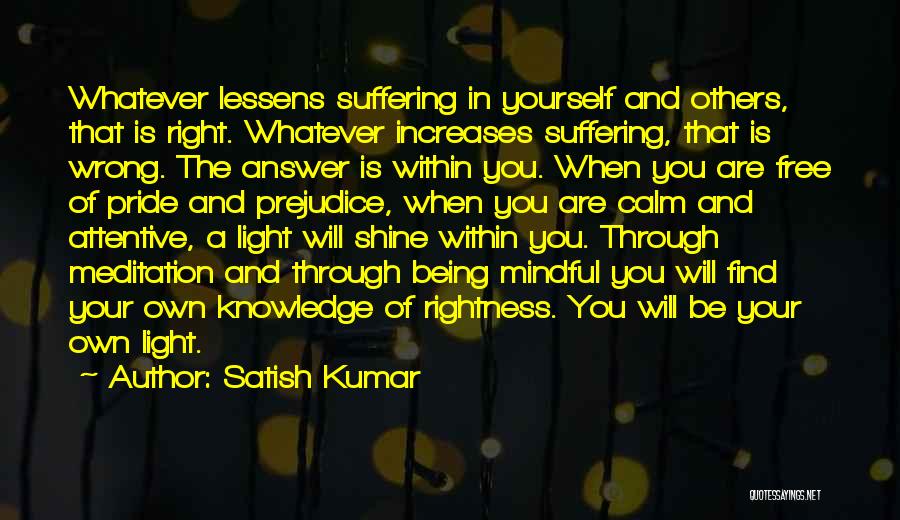 Satish Kumar Quotes: Whatever Lessens Suffering In Yourself And Others, That Is Right. Whatever Increases Suffering, That Is Wrong. The Answer Is Within