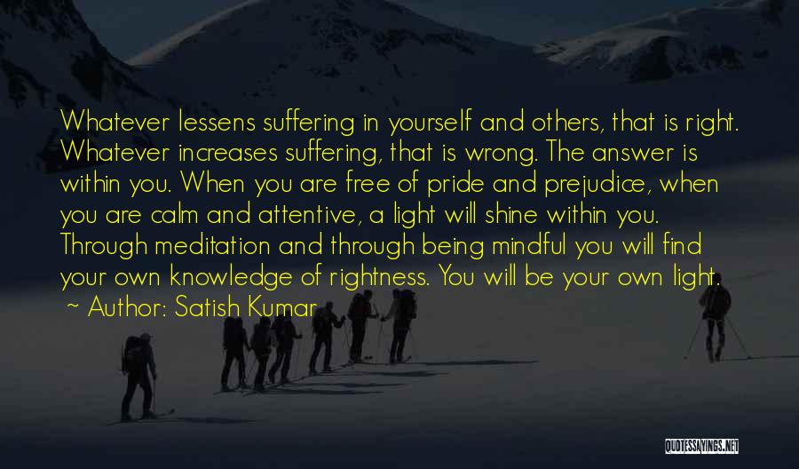 Satish Kumar Quotes: Whatever Lessens Suffering In Yourself And Others, That Is Right. Whatever Increases Suffering, That Is Wrong. The Answer Is Within