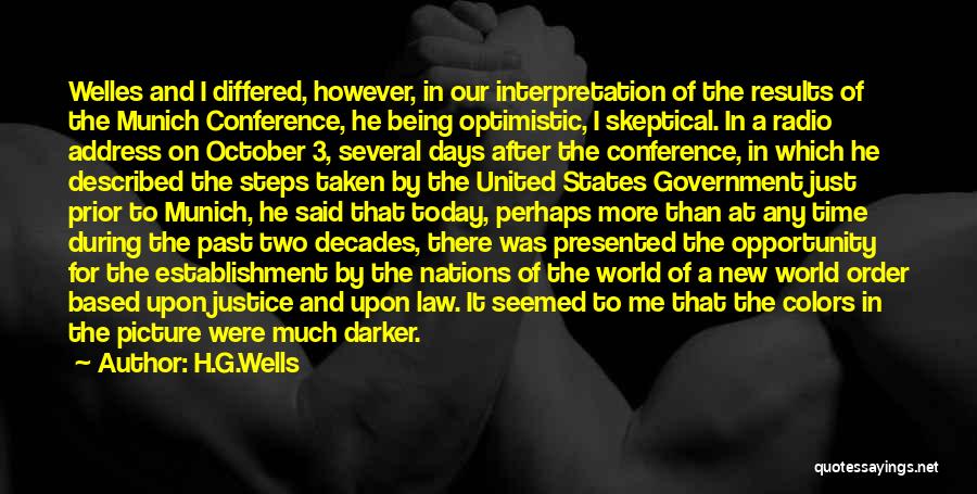 H.G.Wells Quotes: Welles And I Differed, However, In Our Interpretation Of The Results Of The Munich Conference, He Being Optimistic, I Skeptical.