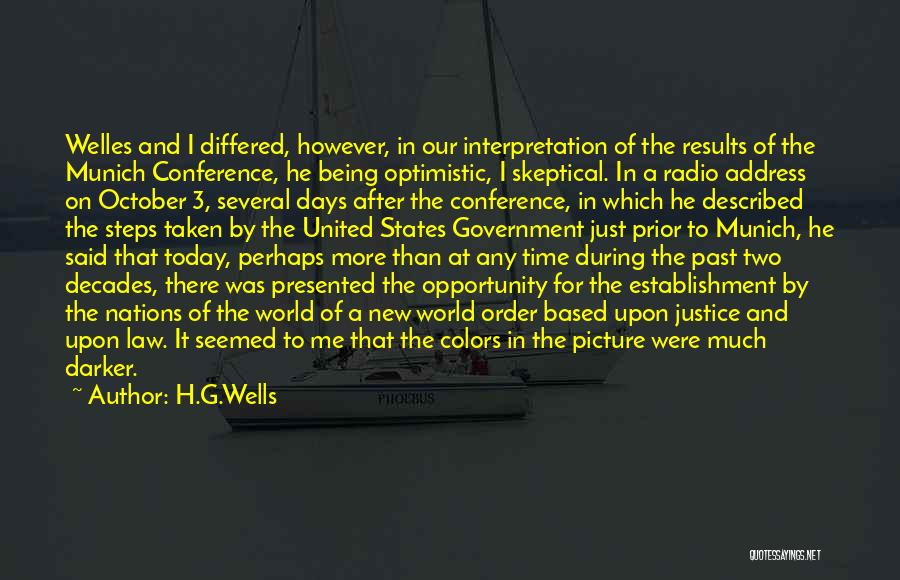 H.G.Wells Quotes: Welles And I Differed, However, In Our Interpretation Of The Results Of The Munich Conference, He Being Optimistic, I Skeptical.