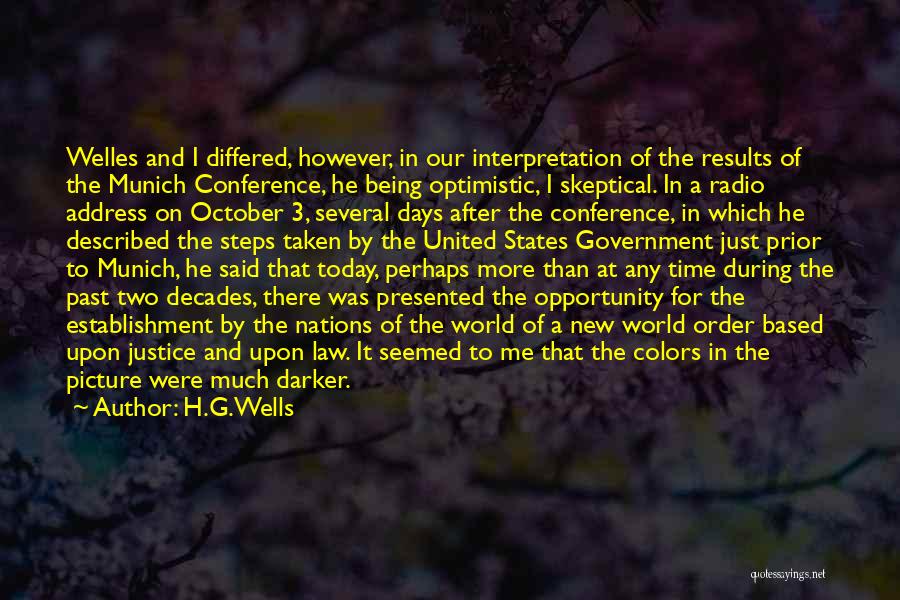 H.G.Wells Quotes: Welles And I Differed, However, In Our Interpretation Of The Results Of The Munich Conference, He Being Optimistic, I Skeptical.