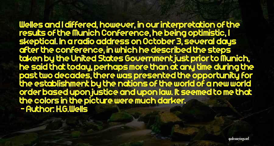 H.G.Wells Quotes: Welles And I Differed, However, In Our Interpretation Of The Results Of The Munich Conference, He Being Optimistic, I Skeptical.