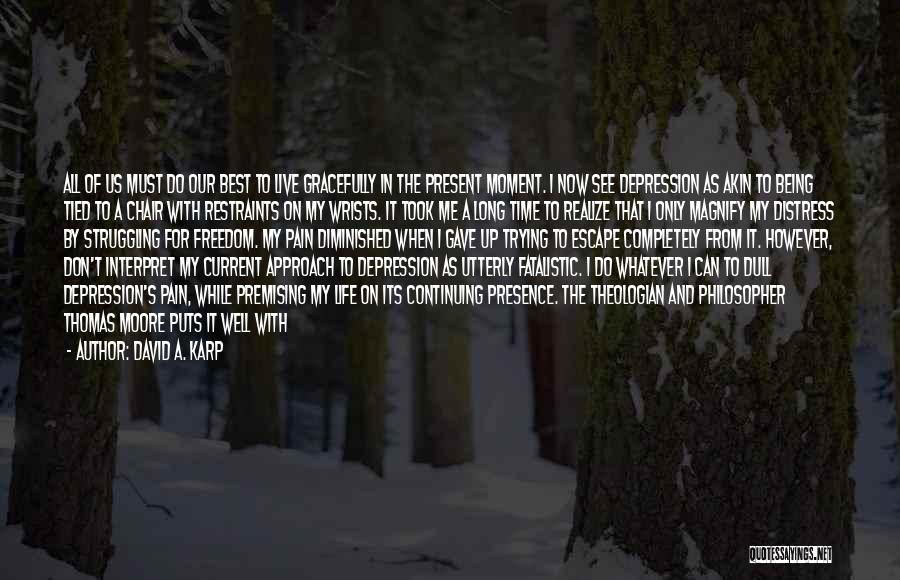 David A. Karp Quotes: All Of Us Must Do Our Best To Live Gracefully In The Present Moment. I Now See Depression As Akin