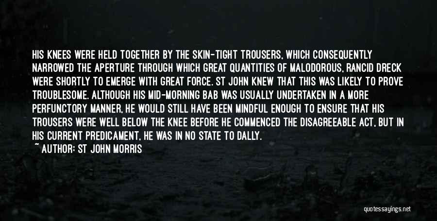St John Morris Quotes: His Knees Were Held Together By The Skin-tight Trousers, Which Consequently Narrowed The Aperture Through Which Great Quantities Of Malodorous,