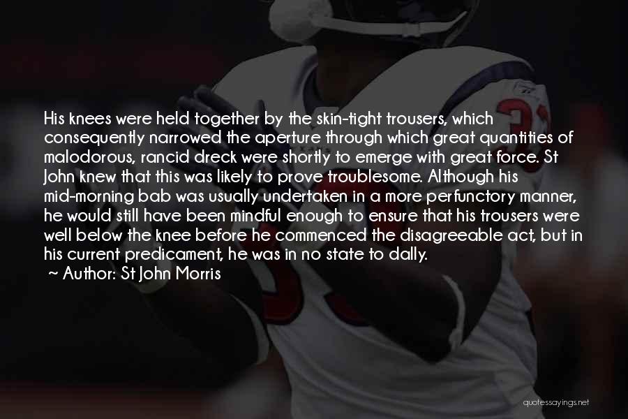 St John Morris Quotes: His Knees Were Held Together By The Skin-tight Trousers, Which Consequently Narrowed The Aperture Through Which Great Quantities Of Malodorous,