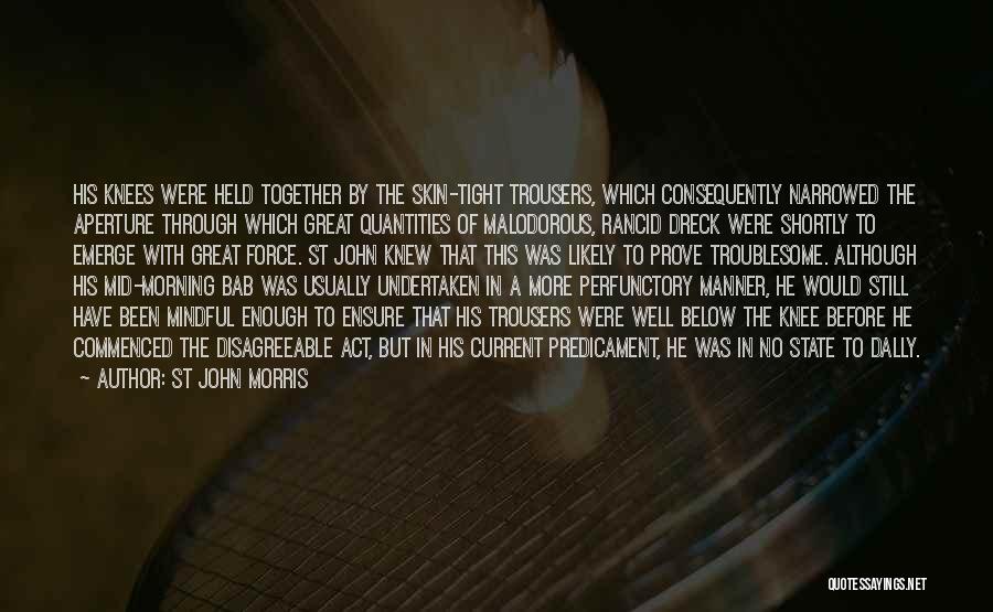 St John Morris Quotes: His Knees Were Held Together By The Skin-tight Trousers, Which Consequently Narrowed The Aperture Through Which Great Quantities Of Malodorous,