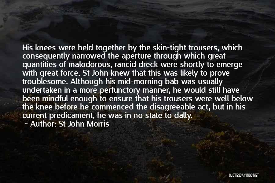 St John Morris Quotes: His Knees Were Held Together By The Skin-tight Trousers, Which Consequently Narrowed The Aperture Through Which Great Quantities Of Malodorous,