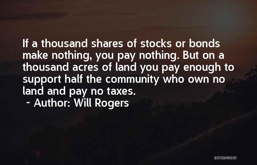 Will Rogers Quotes: If A Thousand Shares Of Stocks Or Bonds Make Nothing, You Pay Nothing. But On A Thousand Acres Of Land
