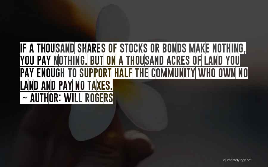Will Rogers Quotes: If A Thousand Shares Of Stocks Or Bonds Make Nothing, You Pay Nothing. But On A Thousand Acres Of Land