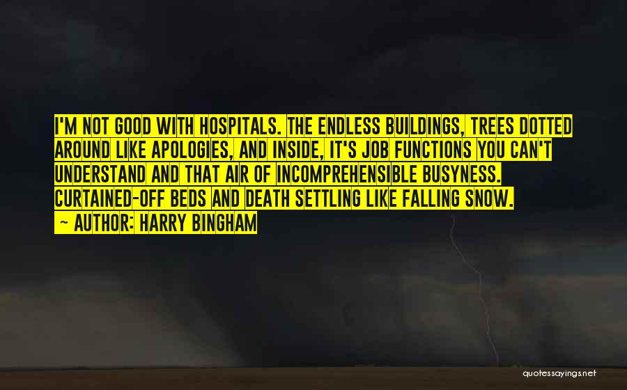 Harry Bingham Quotes: I'm Not Good With Hospitals. The Endless Buildings, Trees Dotted Around Like Apologies, And Inside, It's Job Functions You Can't