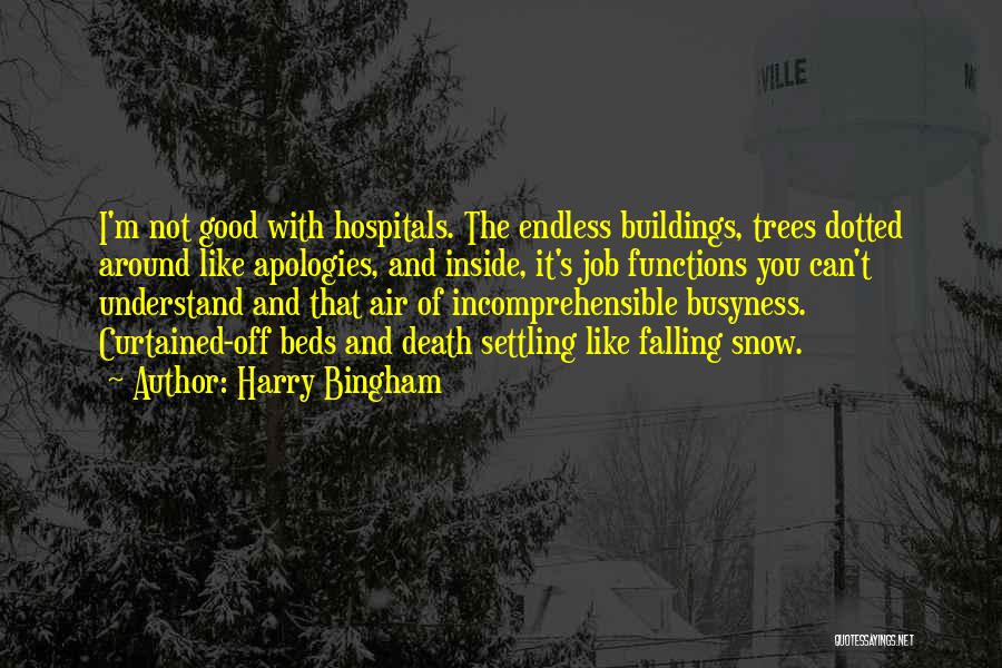 Harry Bingham Quotes: I'm Not Good With Hospitals. The Endless Buildings, Trees Dotted Around Like Apologies, And Inside, It's Job Functions You Can't