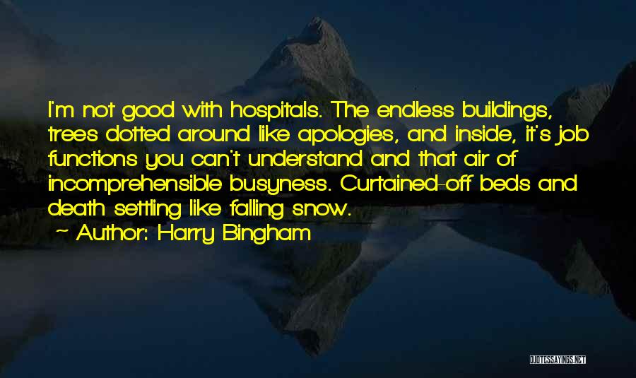 Harry Bingham Quotes: I'm Not Good With Hospitals. The Endless Buildings, Trees Dotted Around Like Apologies, And Inside, It's Job Functions You Can't