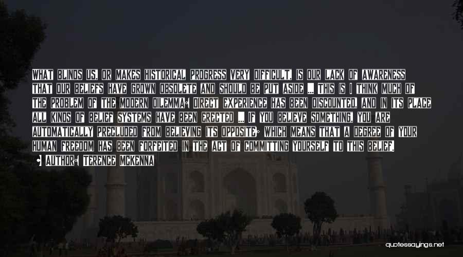 Terence McKenna Quotes: What Blinds Us, Or Makes Historical Progress Very Difficult, Is Our Lack Of Awareness That Our Beliefs Have Grown Obsolete