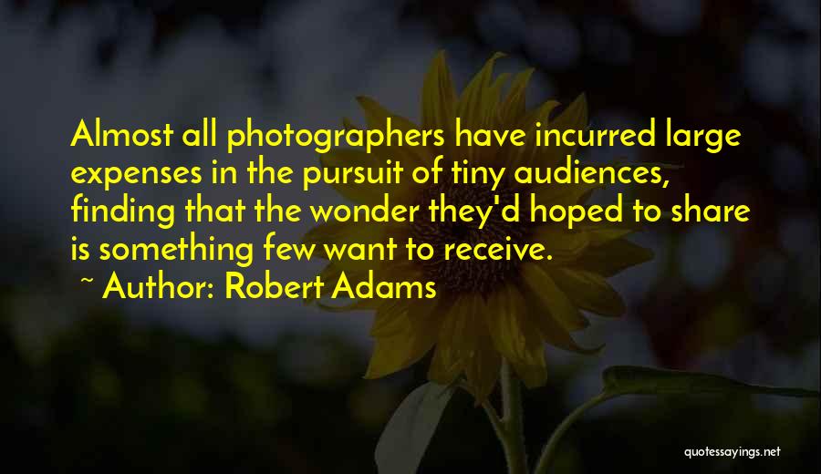 Robert Adams Quotes: Almost All Photographers Have Incurred Large Expenses In The Pursuit Of Tiny Audiences, Finding That The Wonder They'd Hoped To