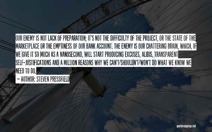 Steven Pressfield Quotes: Our Enemy Is Not Lack Of Preparation; It's Not The Difficulty Of The Project, Or The State Of The Marketplace