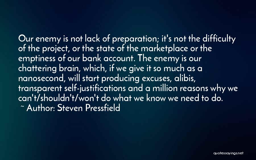 Steven Pressfield Quotes: Our Enemy Is Not Lack Of Preparation; It's Not The Difficulty Of The Project, Or The State Of The Marketplace