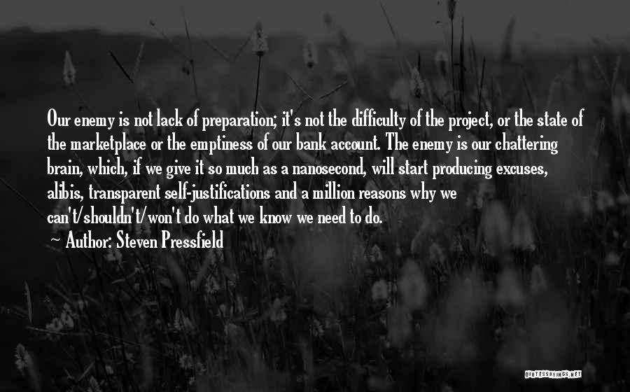 Steven Pressfield Quotes: Our Enemy Is Not Lack Of Preparation; It's Not The Difficulty Of The Project, Or The State Of The Marketplace