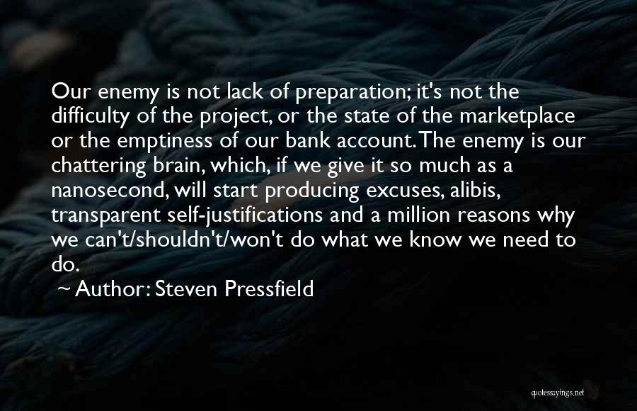 Steven Pressfield Quotes: Our Enemy Is Not Lack Of Preparation; It's Not The Difficulty Of The Project, Or The State Of The Marketplace