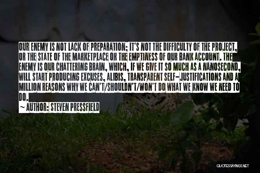 Steven Pressfield Quotes: Our Enemy Is Not Lack Of Preparation; It's Not The Difficulty Of The Project, Or The State Of The Marketplace