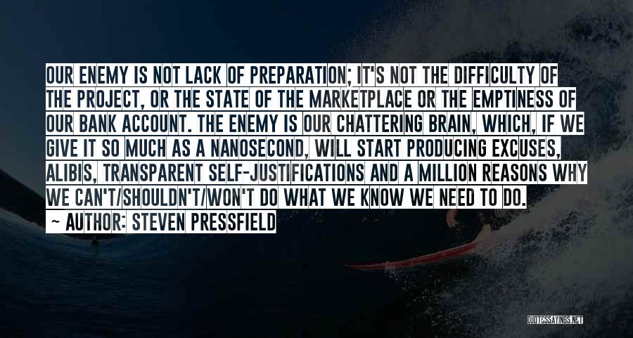 Steven Pressfield Quotes: Our Enemy Is Not Lack Of Preparation; It's Not The Difficulty Of The Project, Or The State Of The Marketplace