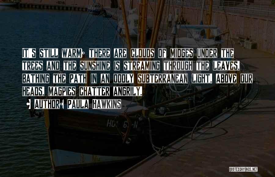 Paula Hawkins Quotes: It's Still Warm; There Are Clouds Of Midges Under The Trees And The Sunshine Is Streaming Through The Leaves, Bathing