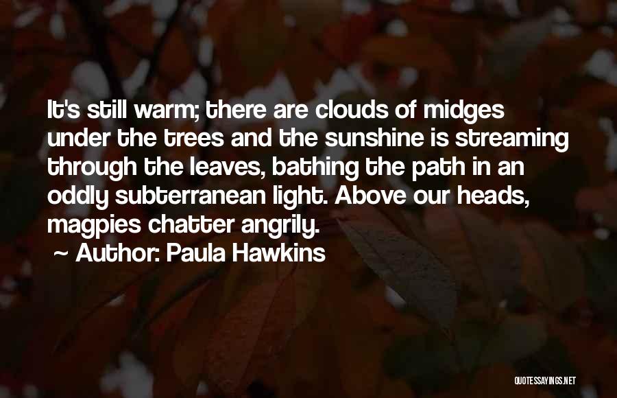 Paula Hawkins Quotes: It's Still Warm; There Are Clouds Of Midges Under The Trees And The Sunshine Is Streaming Through The Leaves, Bathing