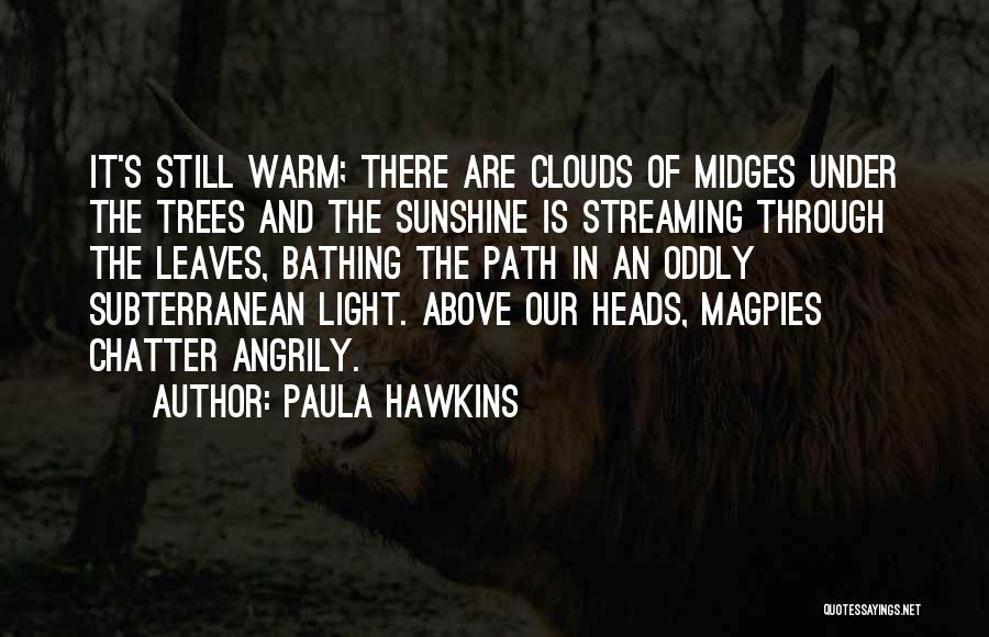 Paula Hawkins Quotes: It's Still Warm; There Are Clouds Of Midges Under The Trees And The Sunshine Is Streaming Through The Leaves, Bathing