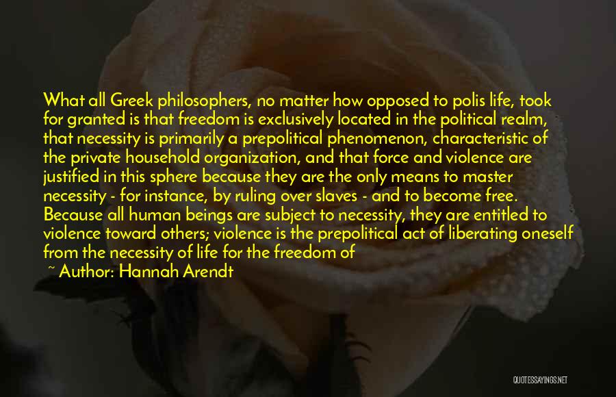 Hannah Arendt Quotes: What All Greek Philosophers, No Matter How Opposed To Polis Life, Took For Granted Is That Freedom Is Exclusively Located