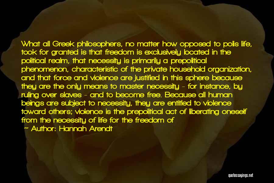 Hannah Arendt Quotes: What All Greek Philosophers, No Matter How Opposed To Polis Life, Took For Granted Is That Freedom Is Exclusively Located