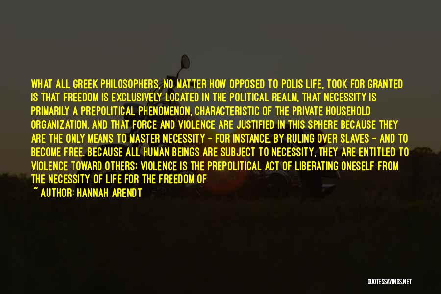 Hannah Arendt Quotes: What All Greek Philosophers, No Matter How Opposed To Polis Life, Took For Granted Is That Freedom Is Exclusively Located