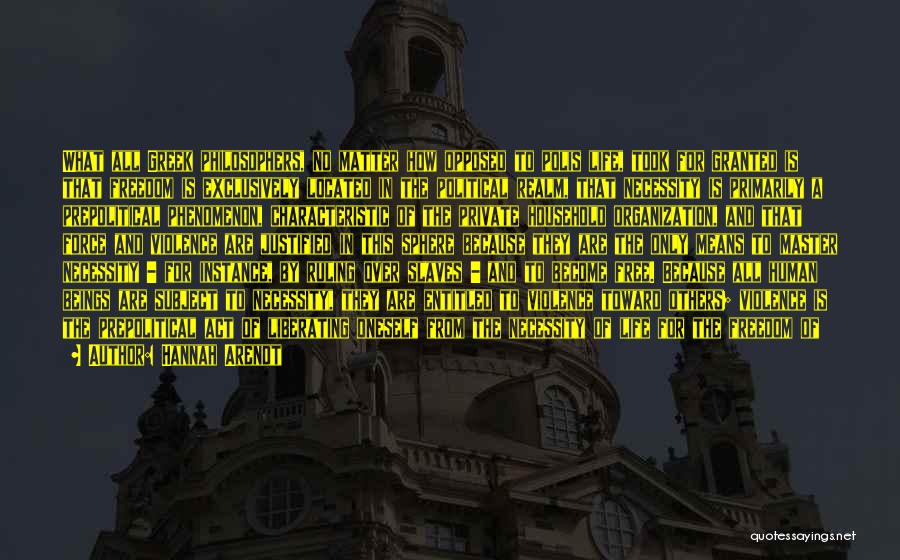 Hannah Arendt Quotes: What All Greek Philosophers, No Matter How Opposed To Polis Life, Took For Granted Is That Freedom Is Exclusively Located